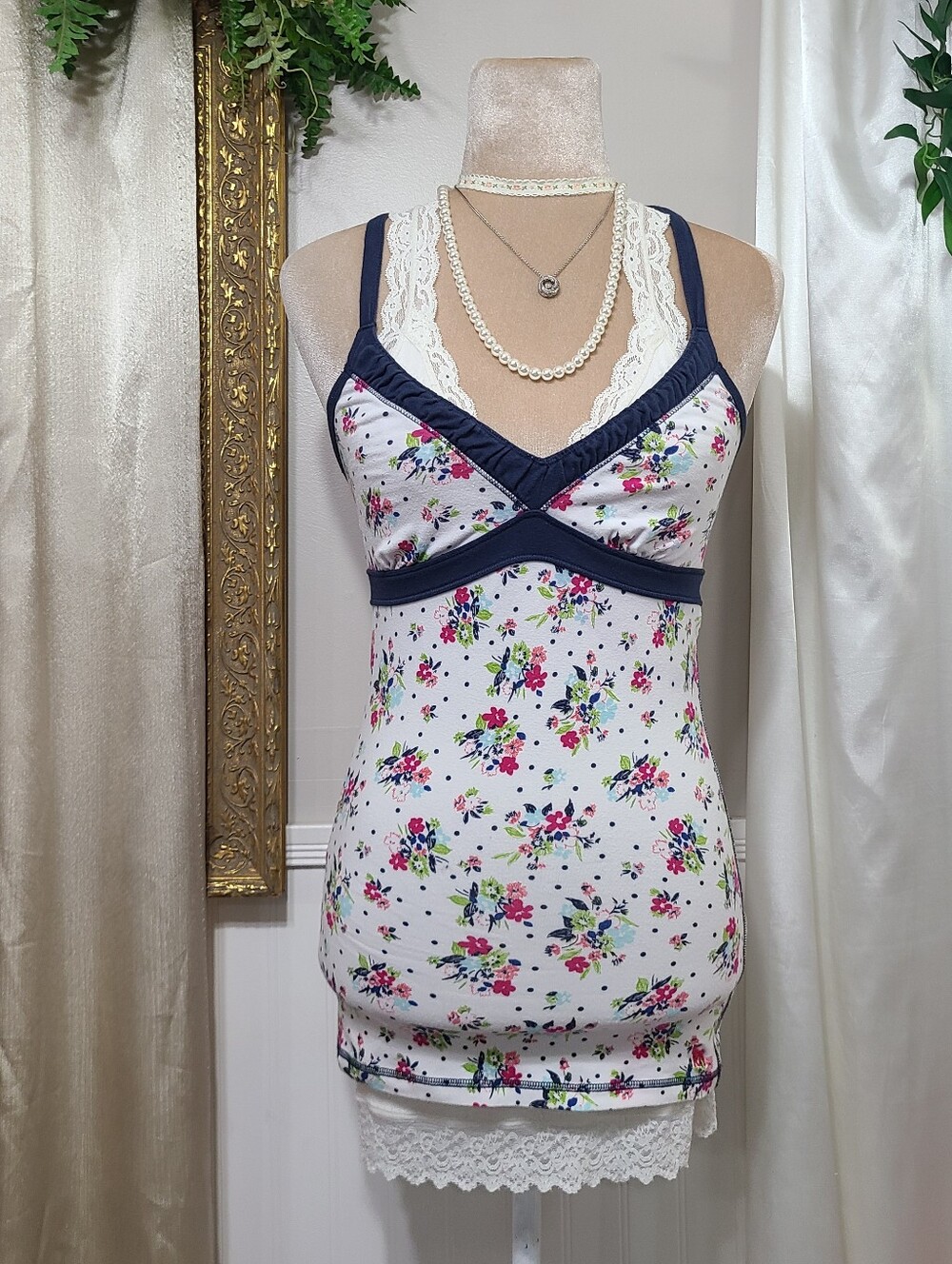 ♡ Y2K ♡ Abercrombie Floral Moose Logo Babydoll Cami Cottagecore Tank Top